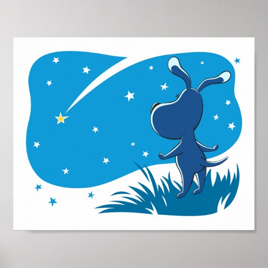 Dog Puppy Shooting Star Night Blue Sky Poster ポスター (正面)