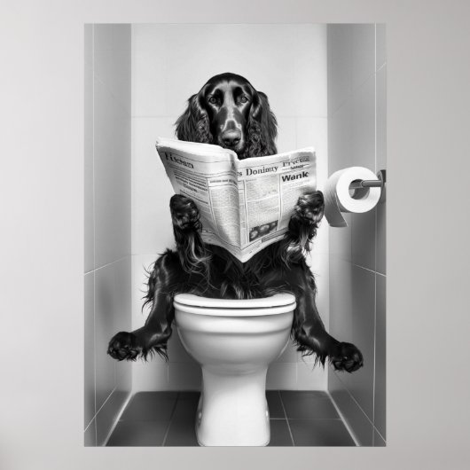 Dog Reading Newspaper on Toilet ポスター (正面)