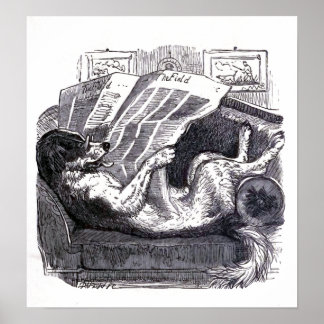 "Dog Reading Newspaper" Vintage Illustration ポスター