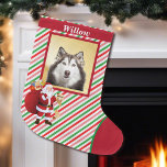 Dog Santa Clausグッドリストの写真名 ラージクリスマスストッキング<br><div class="desc">ペットのパーソナライズストッキングあなたのペットの写真を挿入し、名前を追加。メリークリスマス!</div>