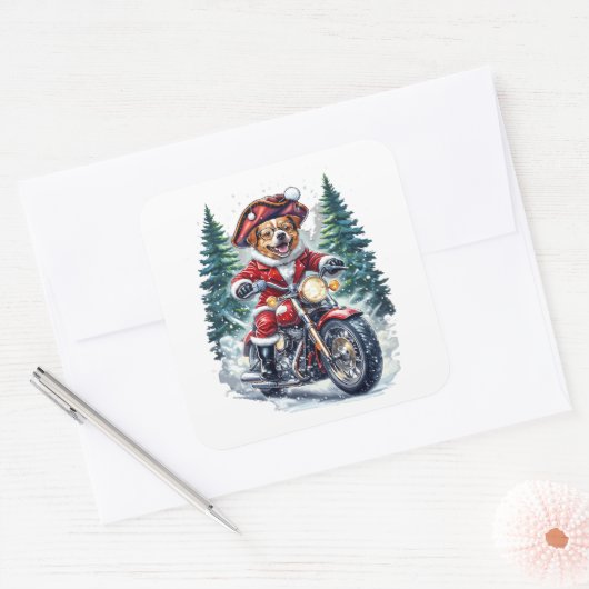 Dog Santa Riding Motorcycle Snowy Forest スクエアシール (封筒)