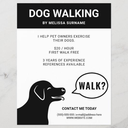 Dog Saying Walk? - 黒と白のドッグウォーカー チラシ (正面)