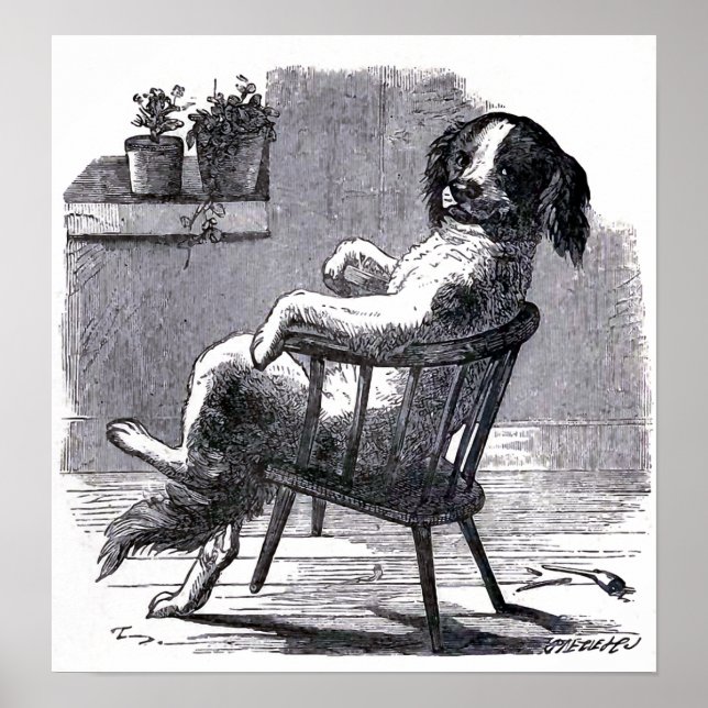 "Dog Sitting in a Chair" Illustration ポスター (正面)