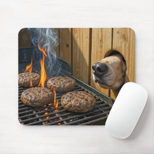 Dog Sniffing Hamburgers On a Barbecue Grill マウスパッド (マウス)