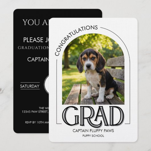 Dog Training School Pet Photo Black Graduation 案内状 (正面/裏面)