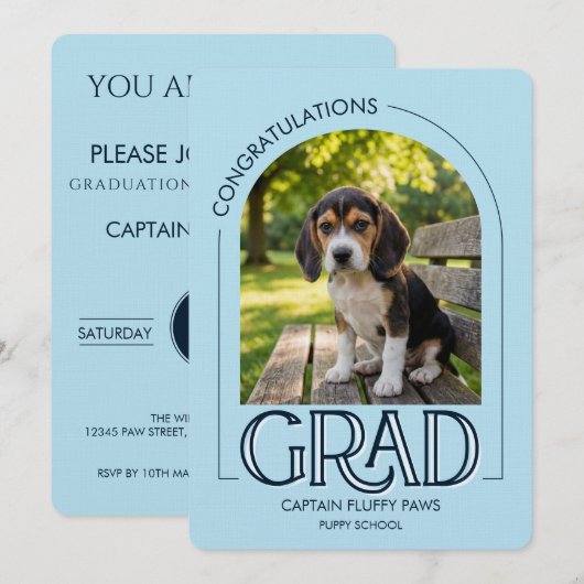 Dog Training School Pet Photo Navy Blue Graduation 案内状 (正面/裏面)