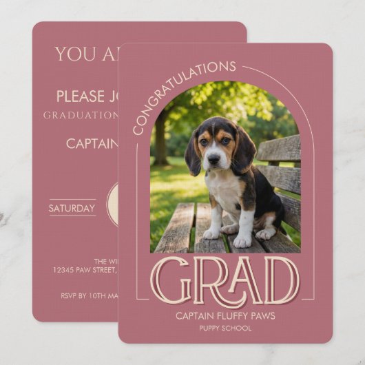 Dog Training School Pet Photo Rose Gold Graduation 案内状 (正面/裏面)