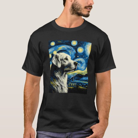 Dog Under Starry Night Sky Art Graphic Birthday Ch Tシャツ (正面)