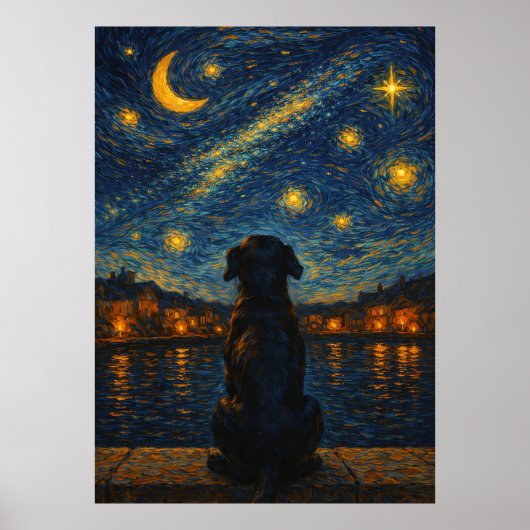 Dog Under Starry Night Sky Wall Art ポスター (正面)
