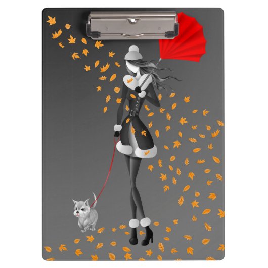 Dog Walker Autumn Leaves Grey クリップボード (正面)