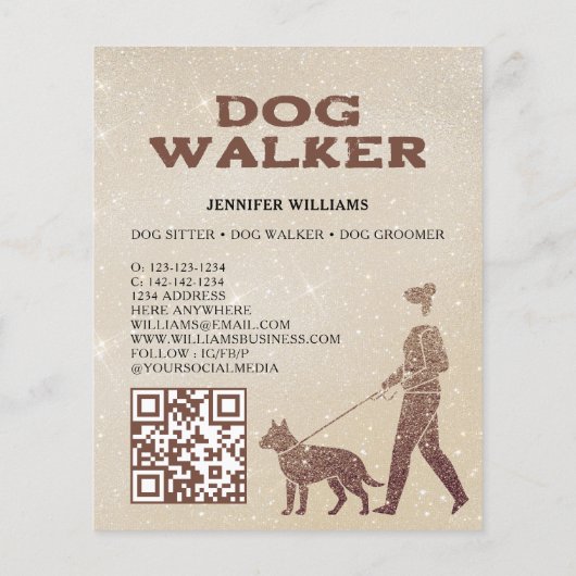 Dog Walker Pink Gold Glitter QR Code Pet Services チラシ (裏面)