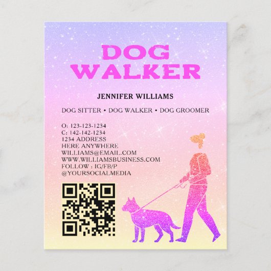 Dog Walker Pink Gold Glitter QR Code Pet Services チラシ (正面)