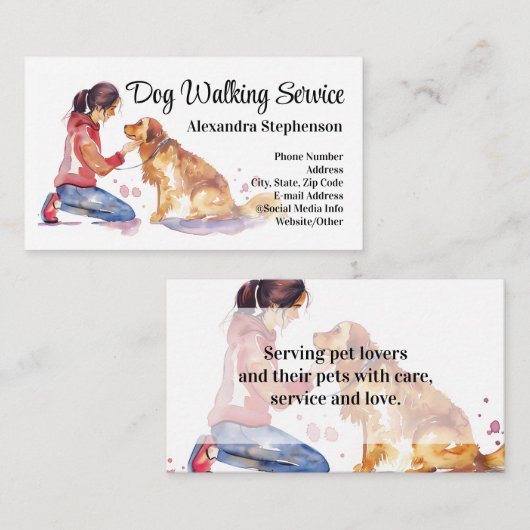 Dog Walking Service Pet Care Watercolor 名刺 (正面/裏面)
