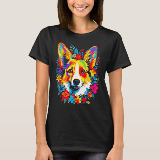 Dog Welsh Corgi Flowers Peace Tシャツ (正面)
