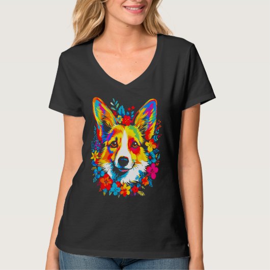 Dog Welsh Corgi Flowers Peace Tシャツ (正面)