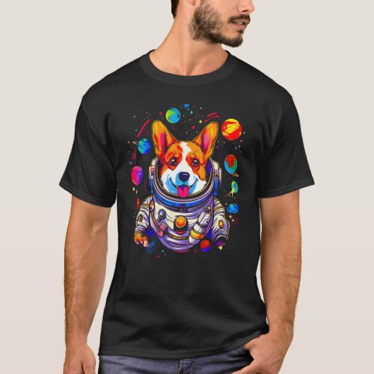 Dog Welsh Corgi Planet Space Astronaut Tシャツ (正面)