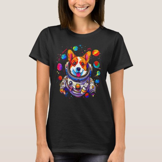 Dog Welsh Corgi Planet Space Astronaut Tシャツ (正面)