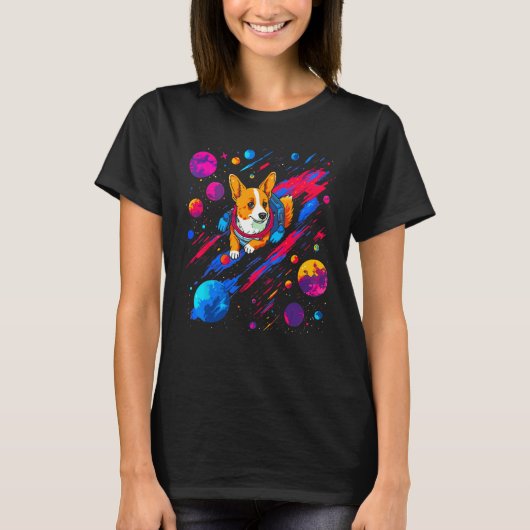 Dog Welsh Corgi Space Planet Universe Tシャツ (正面)