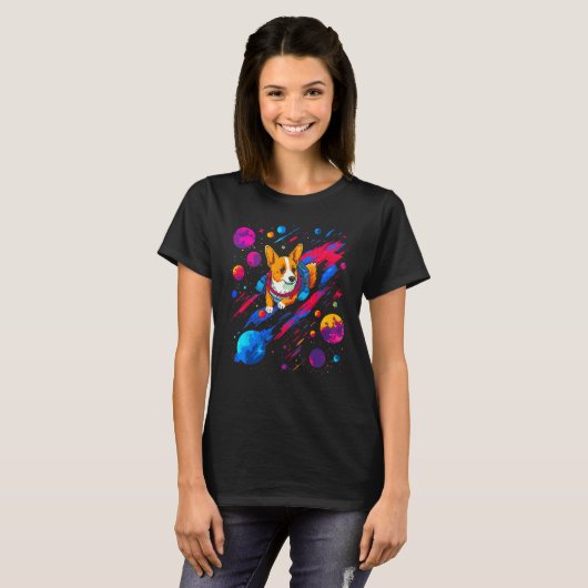 Dog Welsh Corgi Space Planet Universe Tシャツ (正面フル)