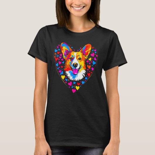 Dog Welsh Corgi Yellow Blue Red Heart Tシャツ (正面)