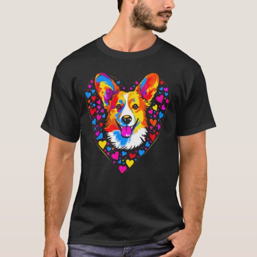 Dog Welsh Corgi Yellow Blue Red Heart Tシャツ (正面)