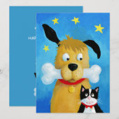 Dog with Bone & Cat - Christmas おもしろい Card シーズンカード (正面/裏面)