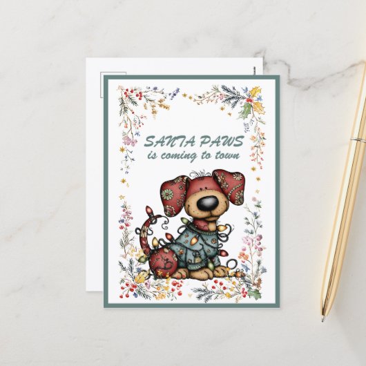 Dog Wrapped In Lights Santa PAWS is Coming to Town シーズンポストカード (正面/裏面インサイチュ)