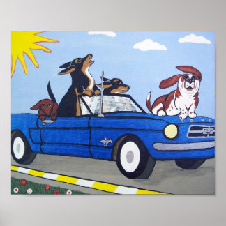 Dogs in Blue Mustang夏のクルージングポスター ポスター