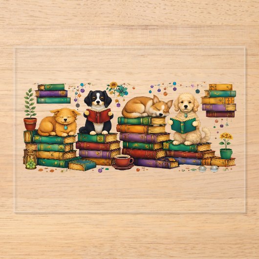 Dogs Reading Books Cozy Library Scene アクリル招待状 (正面)