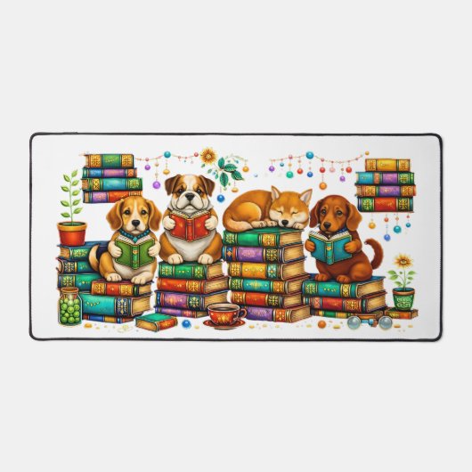 Dogs Reading Books Cozy Library Scene デスクマット (正面)
