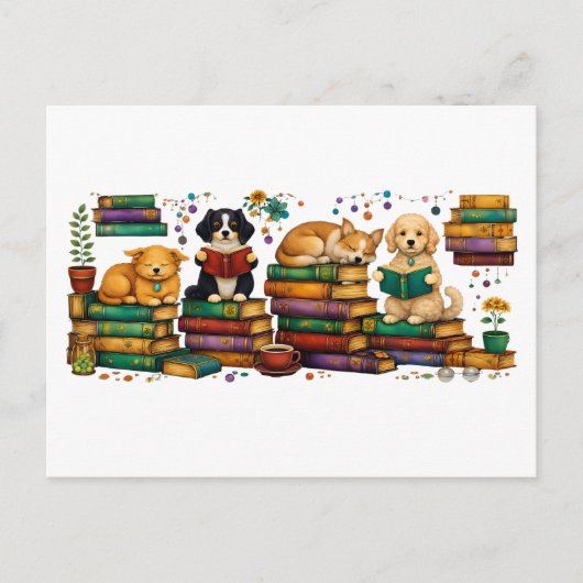 Dogs Reading Books Cozy Library Scene ポストカード (正面)
