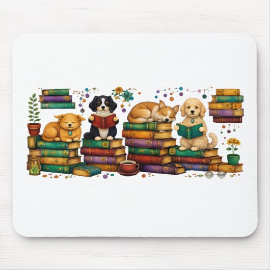 Dogs Reading Books Cozy Library Scene マウスパッド (正面)