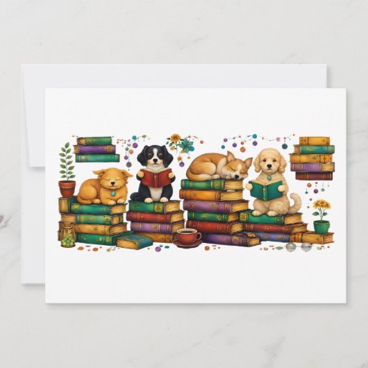 Dogs Reading Books Cozy Library Scene 招待状 (正面)