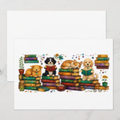 Dogs Reading Books Cozy Library Scene 招待状 (正面/裏面)