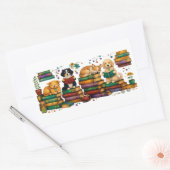 Dogs Reading Books Cozy Library Scene 長方形シール (封筒)