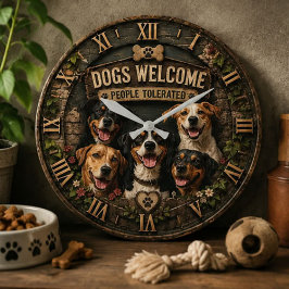 Dogs Welcome People Tolerated Funny Rustic Farm ラージ壁時計