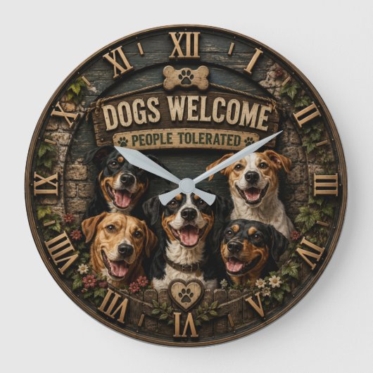 Dogs Welcome People Tolerated Funny Rustic Farm ラージ壁時計 (正面)