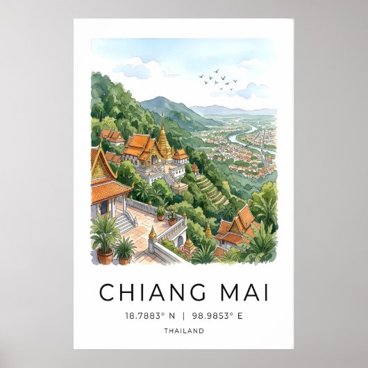Doi Suthep Temple Print Chiang Mai Watercolor Art ポスター (正面)