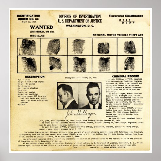DOJ Identifcation order 1217 John Dillinger ポスター (正面)