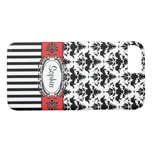 Dolce Vitaのレトロの赤い、白黒ダマスク織 Case-Mate iPhoneケース (裏面(横))