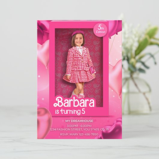Doll Box Birthday Invitation - Barbie-Inspired Pin 招待状 (スタンド正面)