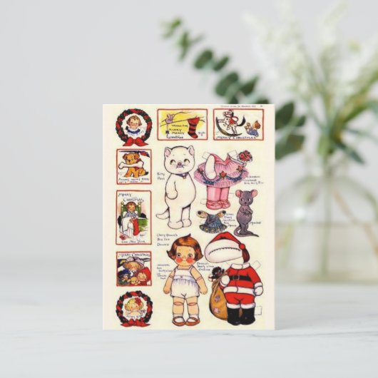 DollyDingle子猫紙人形ビンテージクリスマス シーズンポストカード (スタンド正面)