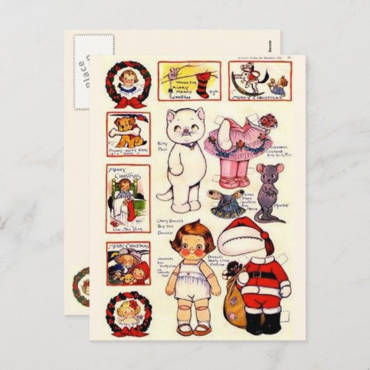 DollyDingle子猫紙人形ビンテージクリスマス シーズンポストカード (正面/裏面)