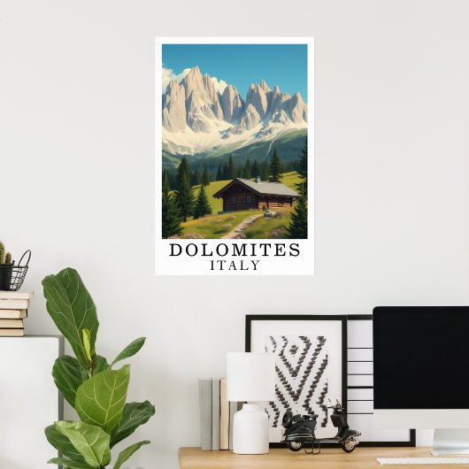 Dolomites Italy Mountain Alpine Cabin Art ポスター (ホームオフィス)