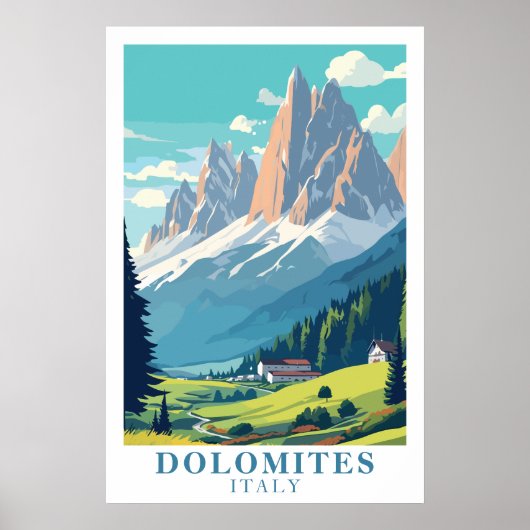 Dolomites Italy Retro Travel Mountain Alpine Art ポスター (正面)