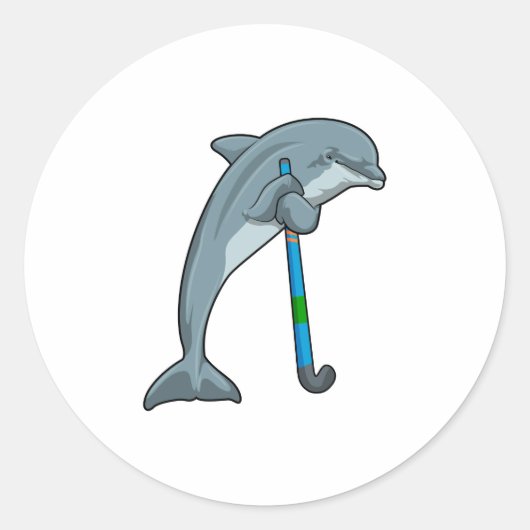 Dolphin at Hockey with Hockey stick ラウンドシール (正面)