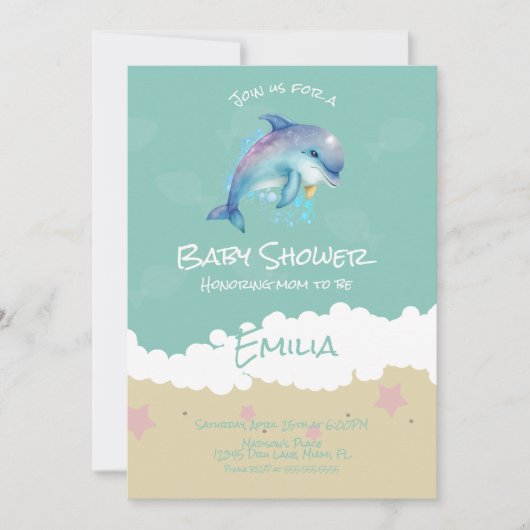 Dolphin Beach Ocean Baby Shower 招待状 (正面)
