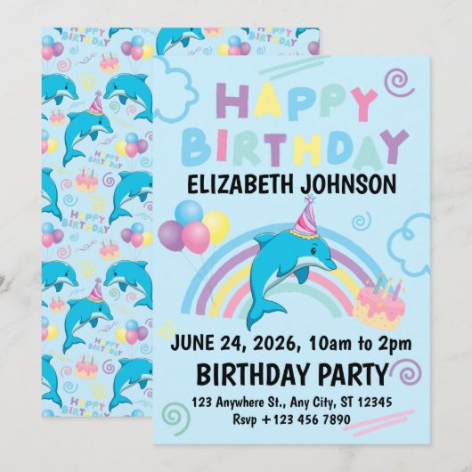 Dolphin Birthday Invitation in Blue 招待状 (正面/裏面)