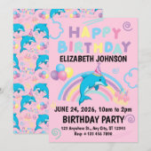 Dolphin Birthday Invitation in Pink 招待状 (正面/裏面)