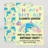 Dolphin Birthday Invitation in Yellow 招待状 (正面/裏面)
